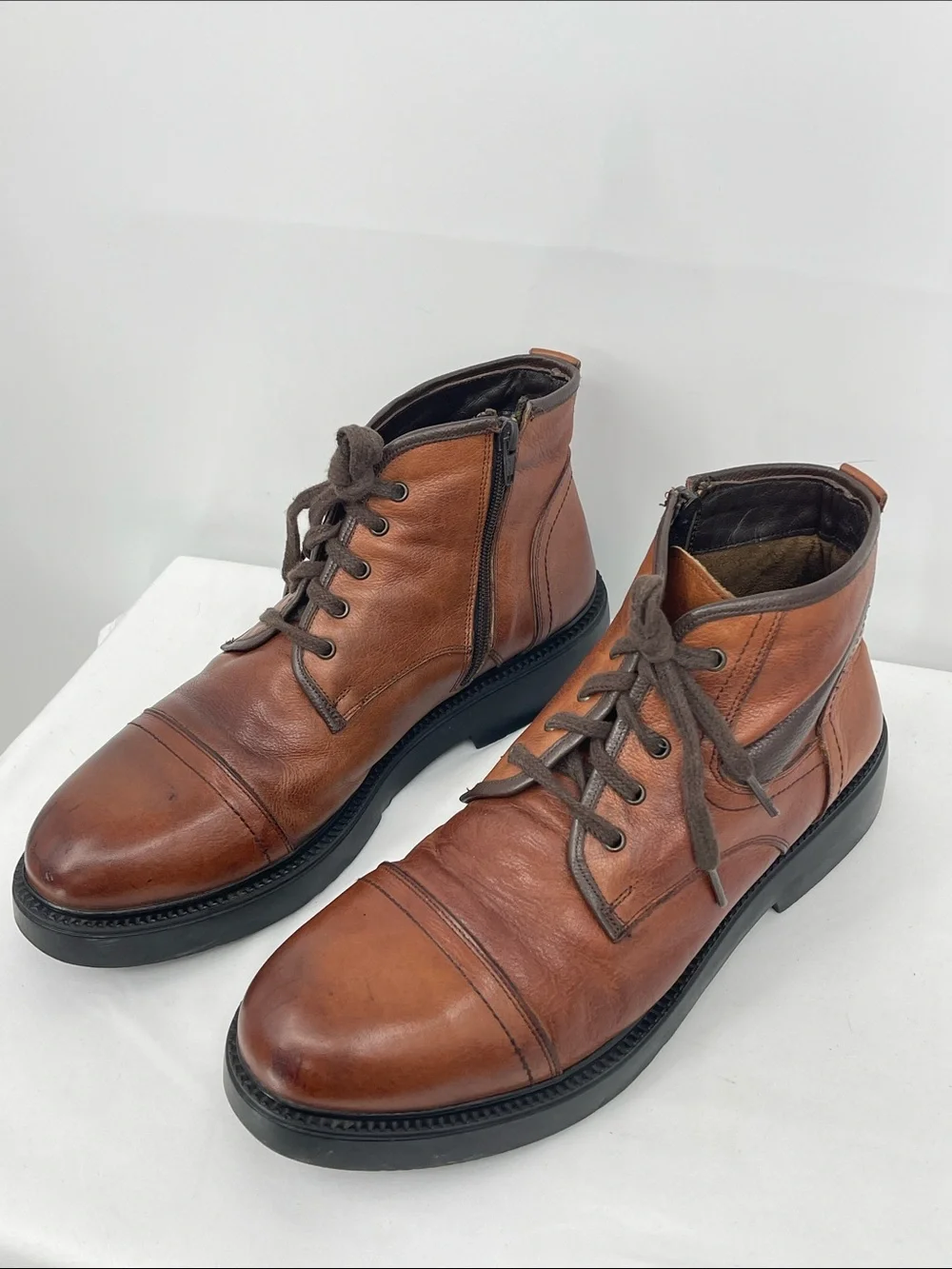 POP’S LEATHER Men's Leather Lace-Up Ankle Boots in Brown SIZE 44 SIDE ZIP